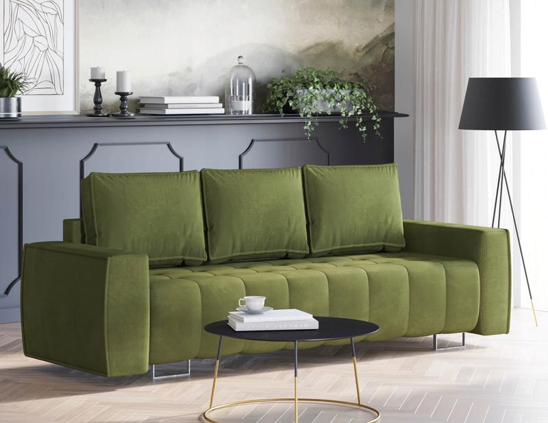 Oliwkowa sofa w salonie